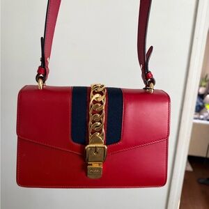 Gucci Red Leather Crossbody Bag with Gold Chain
